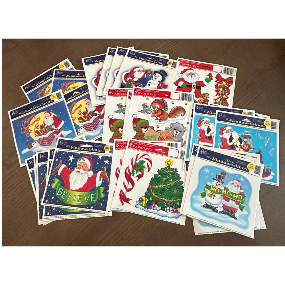 30 Vtg Christmas Window Clings Lot Santa Snowman Reusable Holiday Decorations